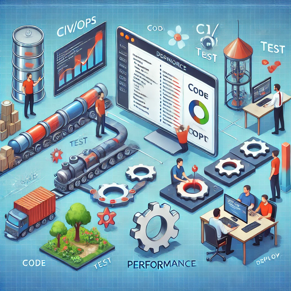 An image showing DevOps and performance integration (DevPerfOps) in action. A CI/CD pipeline is visualized with various stages such as code, build, test, and deploy, with performance metrics integrated at each step. The scene includes a collaborative team environment with developers and operations engineers working together.