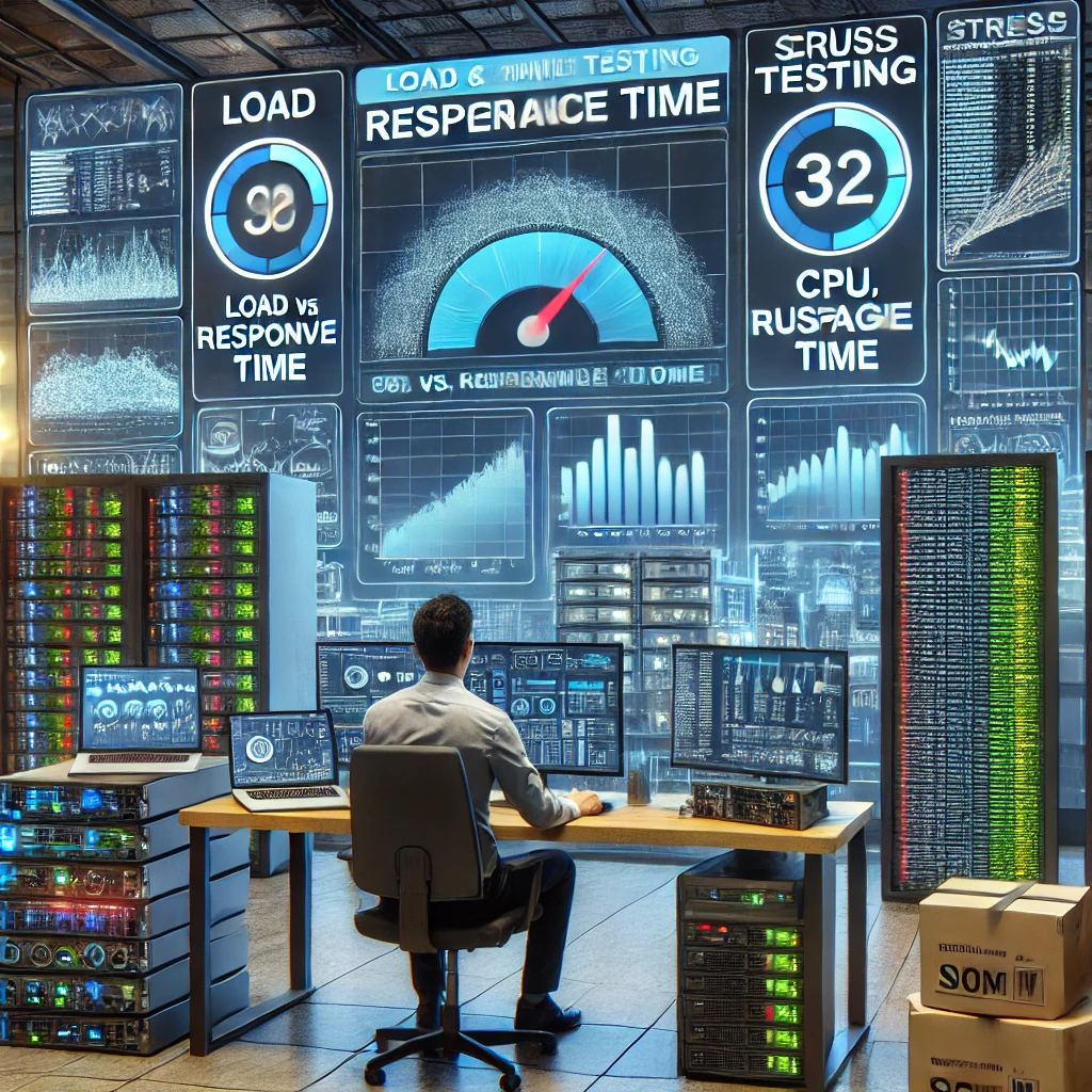 An image depicting load and performance testing in progress. The setup includes a performance engineer monitoring servers and applications under simulated high-traffic conditions. Large screens show graphs of load vs. response time and CPU usage, with stress testing tools running in the background.