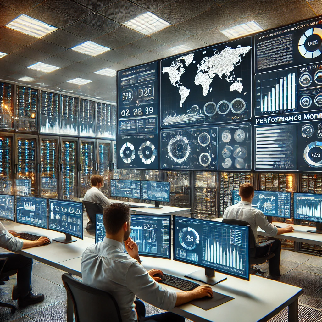 An image showing a professional IT team installing performance monitoring tools on servers and workstations, with screens displaying complex dashboards and analytics.