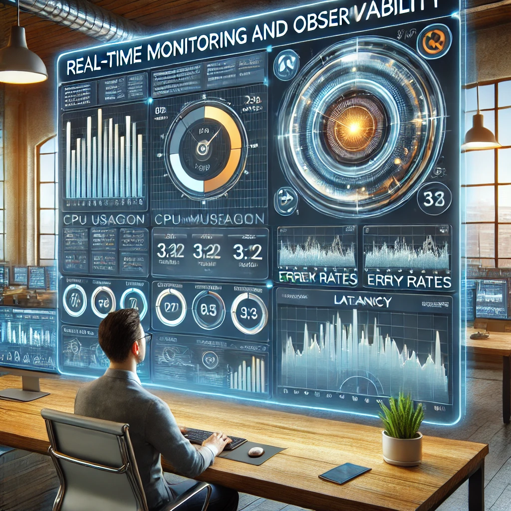 An image showing a real-time monitoring and observability dashboard. The dashboard displays various metrics such as CPU usage, memory consumption, error rates, and latency in a highly visual, easy-to-understand format. A professional is analyzing the data with a modern interface in a well-lit office setting.